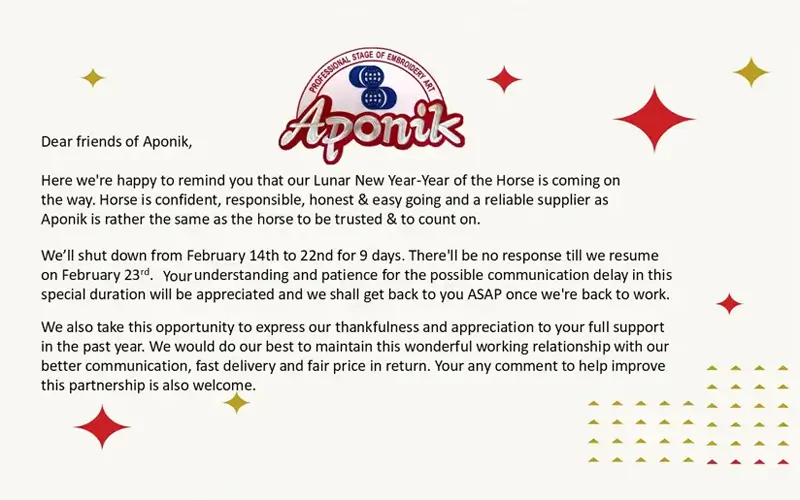 Here we're happy to remind you that our Lunar New Year-Year of the Horse is coming on the way.